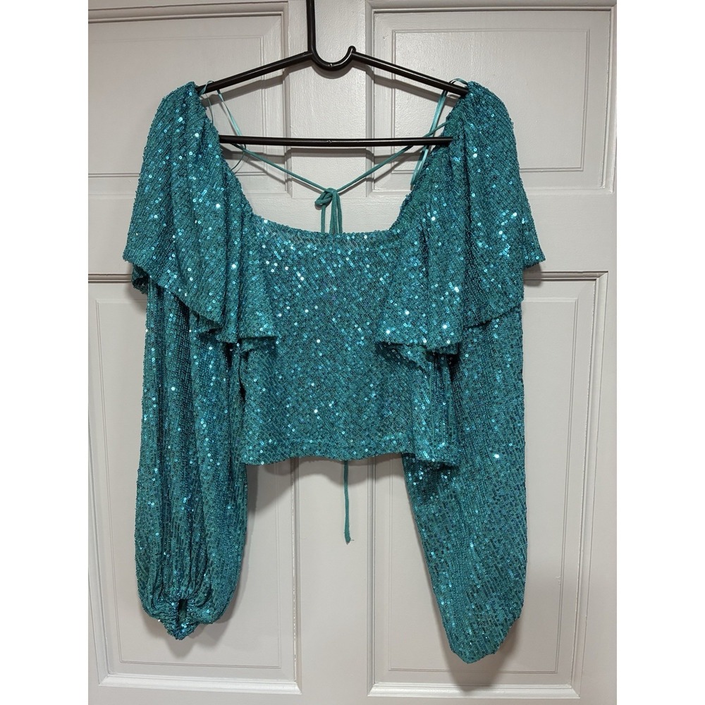 Free People Womens Top Size‎ XS/S Bell Sleeve Shimmer Stylish Blue Casual
